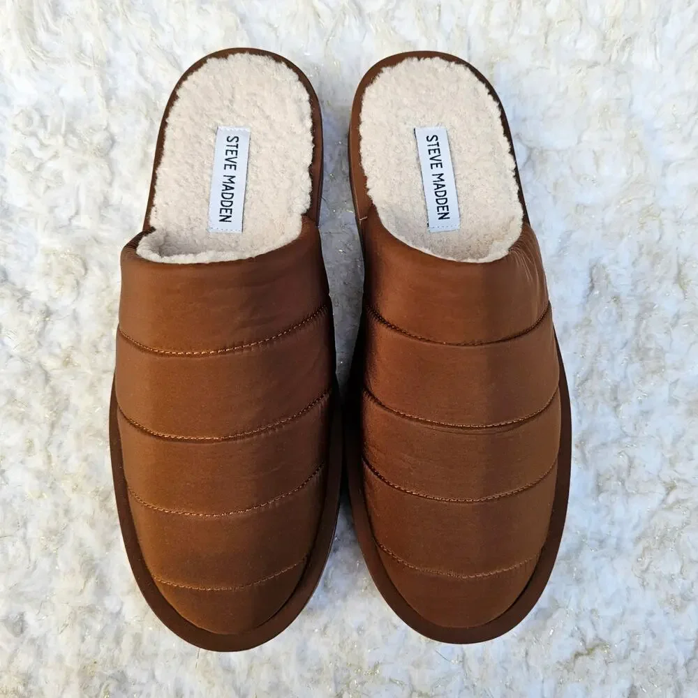 Quilted Slipper Steve Madden Chex Size 10 Faux Shearling Line Puffer Slide Brown - Picture 9 of 12
